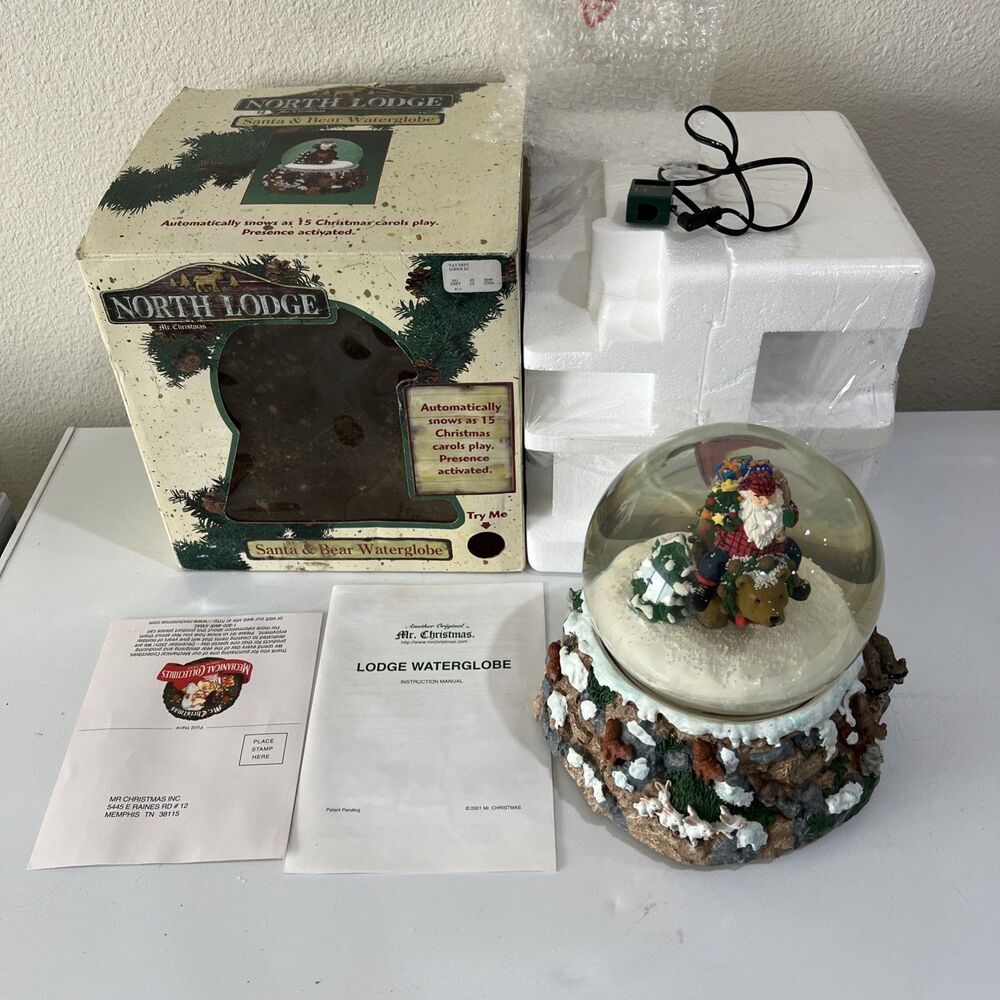 North Lodge Mr.Christmas Santa & Bear Auto Waterglobe Musical Snow Globe 15 Song